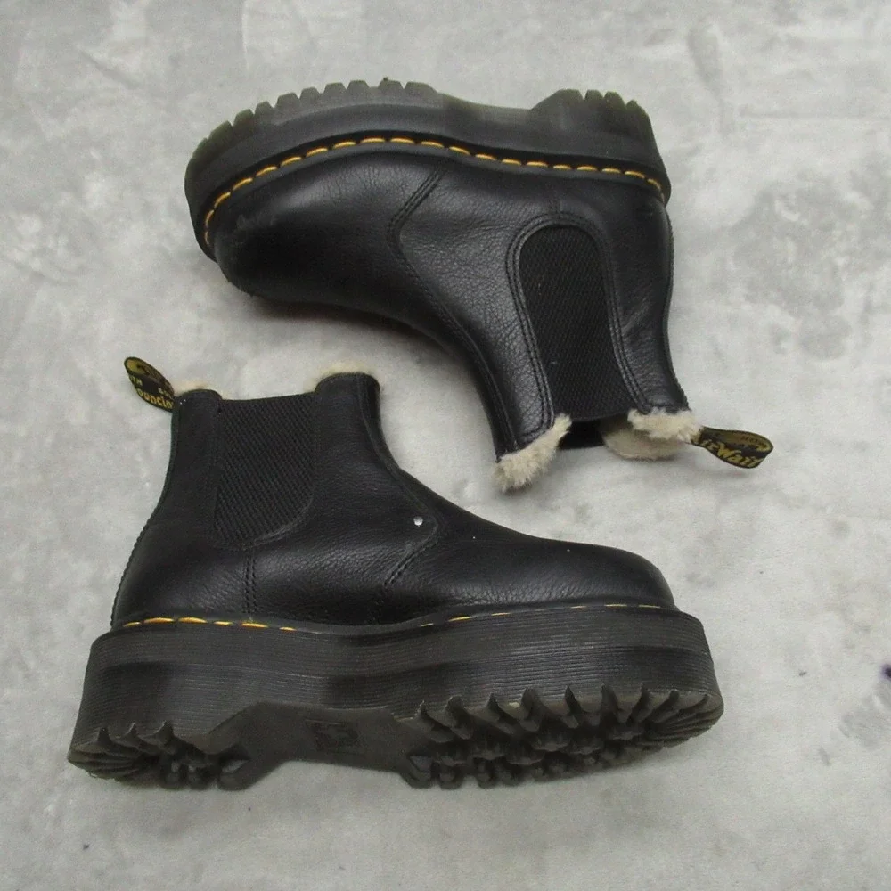 Dr Martens Unisex W5 M4 Boots Black‎ Leather Quad Platform Lug Faux Fur Chelsea